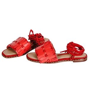 Make red leather sandals with suede ankle tie